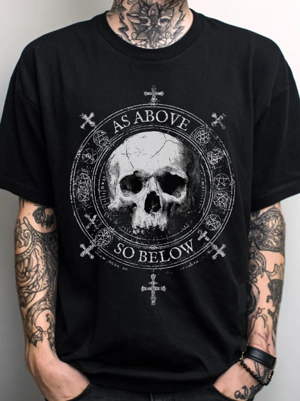 As Above So Below Unisex Gothic Skull T-Shirt, Punk Grunge Graphic Tee